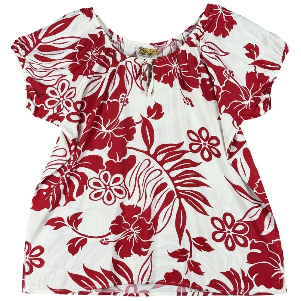 Vtg Winnie Fashion Hawaii 2XL Red White Hibiscus Tropical Floral‎ Peasant Blouse